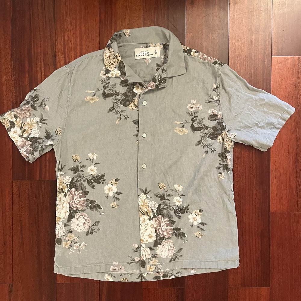 Abercrombie Fitch Shirt Mens Sage Small Summer Linen Blend Floral Camp Button Up